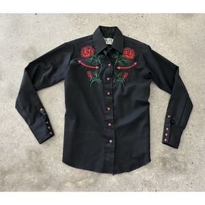Panhandle Slim Vintage Western Trends Black Rose Rockabilly Sequin‎ Shirt Sz 10